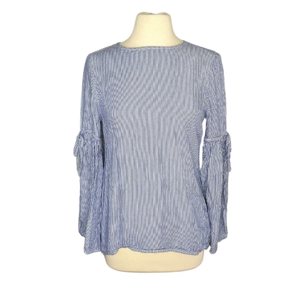 Beachlunchlounge Pin Striped Blue and White Bell Sleeves High Neck Modest ZZ16